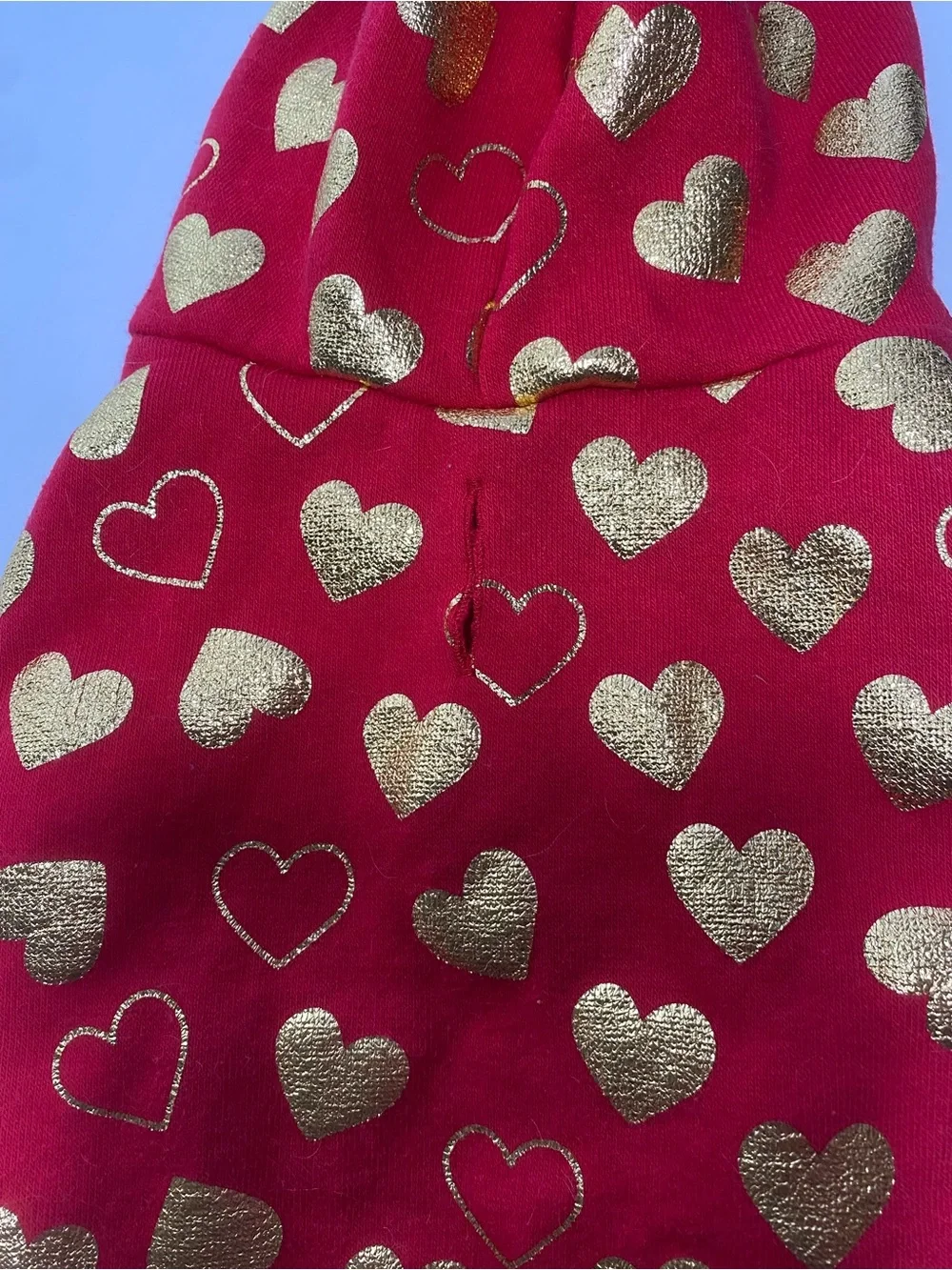 Red Gold Foil Heart Print Valentine’s Day Dog Hoodie w Leash Harness Hole Small